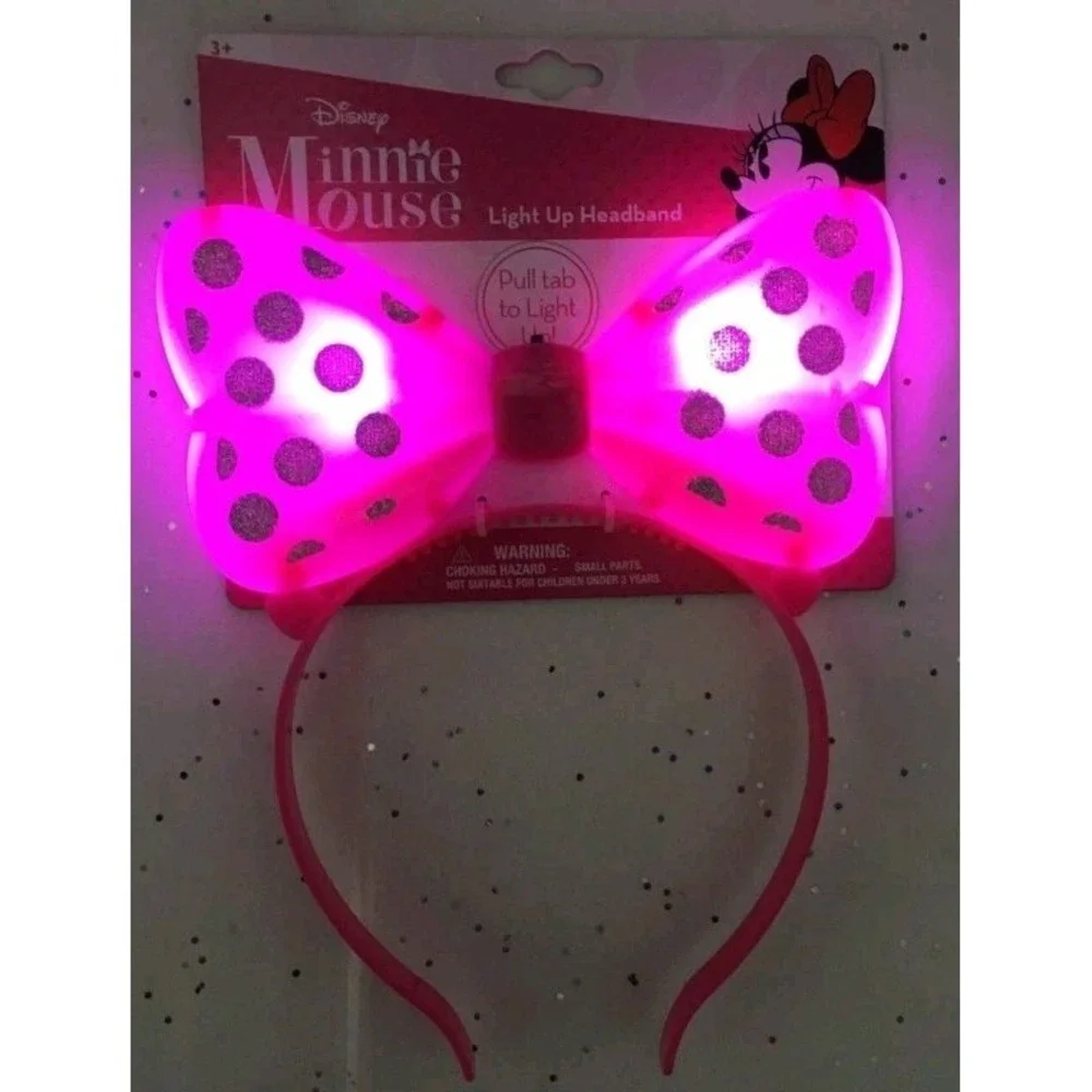 Disney Minnie Mouse Light Up Headband‎ PINK 3 Light Settings Silver Glitter New